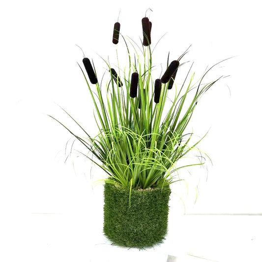 Custom Fresh Style Faux Artificial Cattail Onion Grass Plant Bonsai With Weaving Basin For Home Garden Decoration Yooly Plants - YLS0027